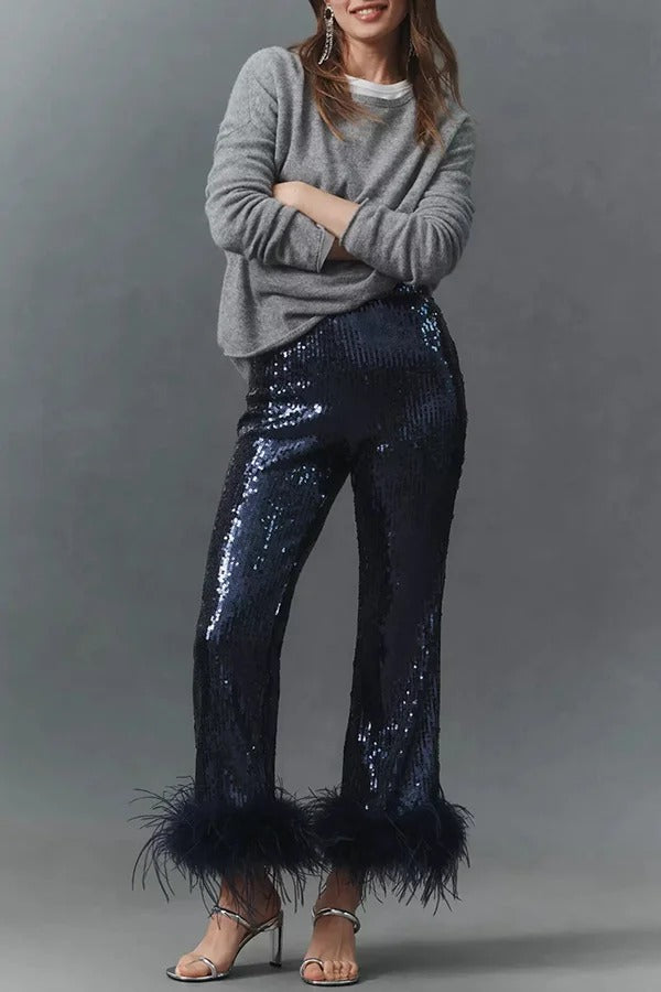 New Year Eve Sequin Feather Trim High Rise Back Zipper Flare Pants