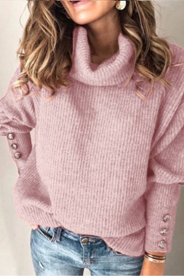 High-neck button-decorated loose knit sweater
