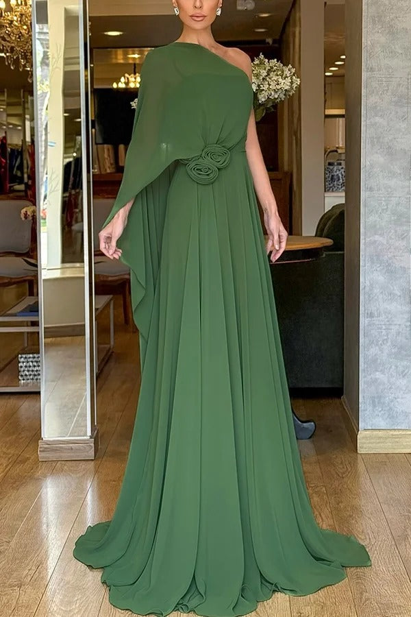 Iriena Chiffon One Shoulder Rose Decoration Waist Formal Maxi Dress
