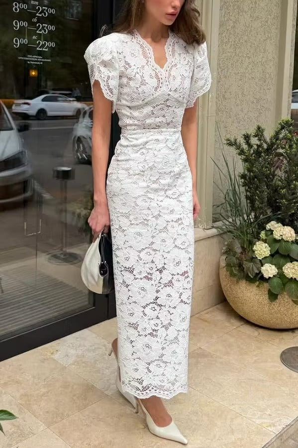 Alysin Flower Lace Wave V-neck Short Puff Sleeve Pencil Slit Midi Dress