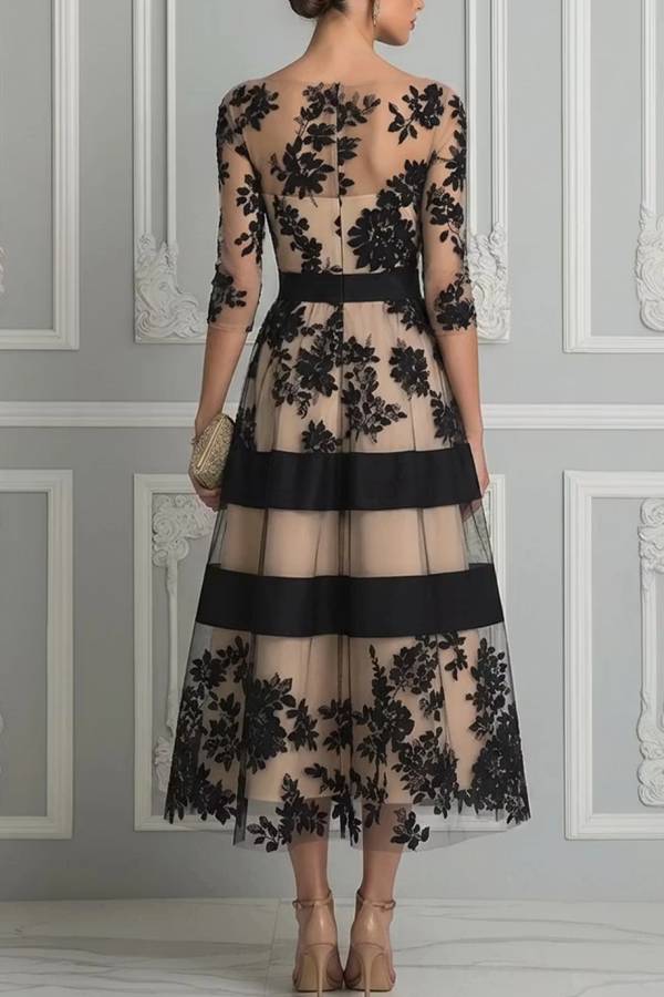 Black Lace Elegant A Line Midi Dress