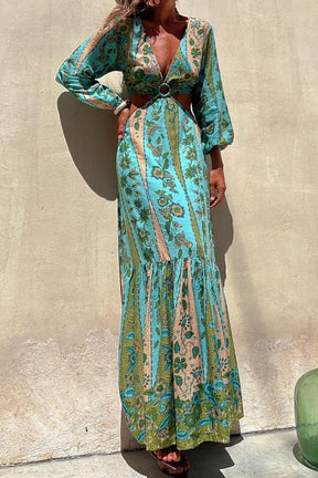 Goddess of the forest v-neck long-sleeved long-sleeved dress with double sides exposed waist