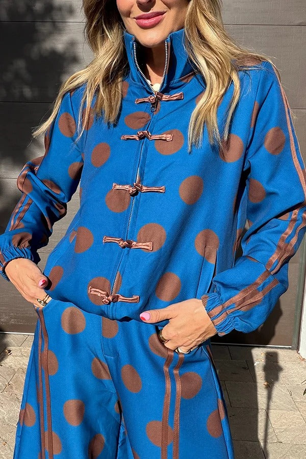 Napoleon Colorblock Polka Dot Zipper High Neck Chinese Style Buttons Pocket Sporty Jacket