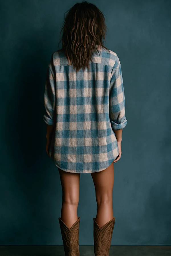 Blue And White Loose Plaid Henley Neck Long Sleeve Mini Dress
