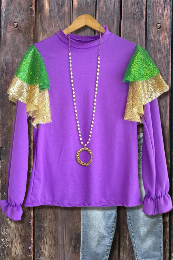 Sequin Cuff Sleeve Mardi Gras Top