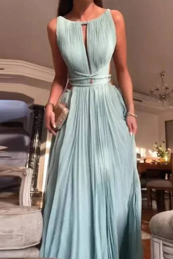 Sexy Sleeveless Open Back Cord Pleated Maxi Dress