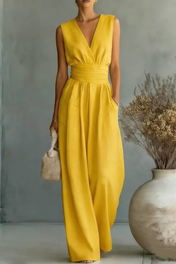 Sleeveless Wrap V-neck Ruched Waist Wide Leg Jumpsuit