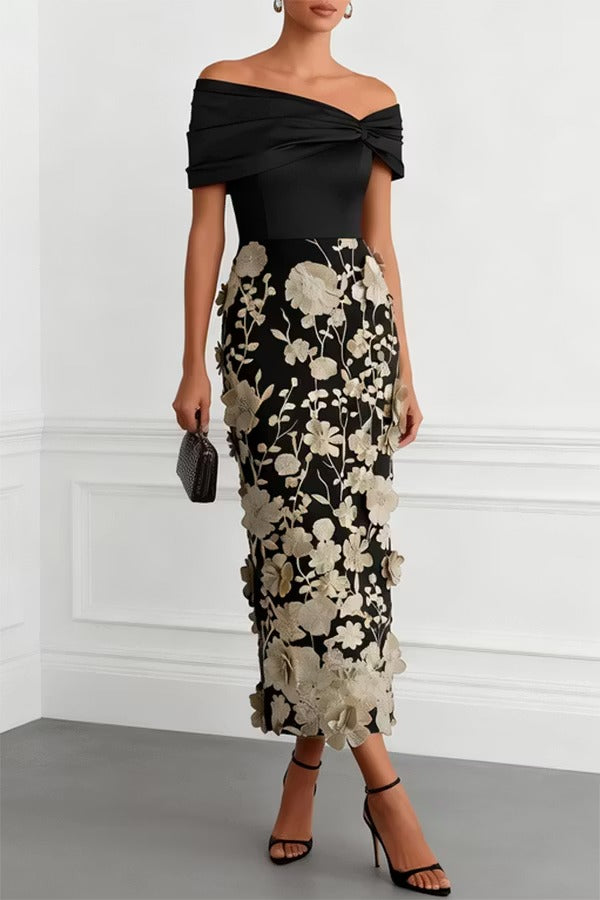 Classic 3D Floral Embroidery Off The Shoulder Short Sleeve Sheath Midi Dress