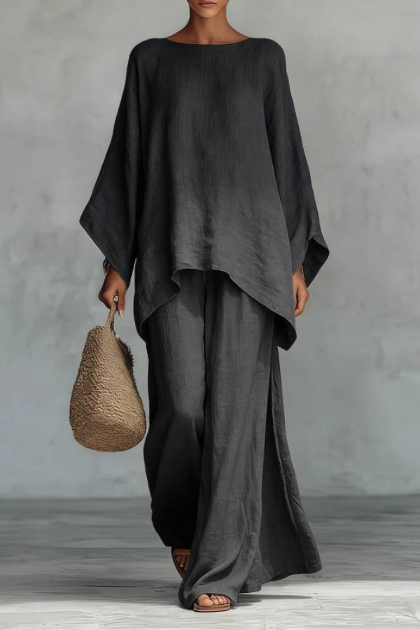 Linen-Style Oversized Top + Slit Wide-Leg Pants Set