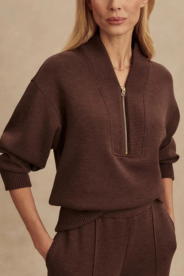 Meet The Autumn Ribbed Zipper Neck Sweatshirt and Elastic Waist Pocketed Loose Pants Set