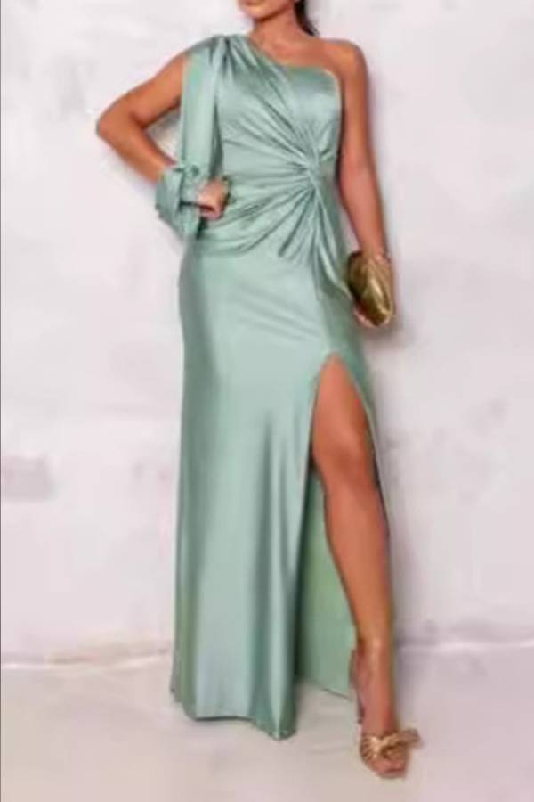 One-shoulder satin twisted high-slit maxi dress