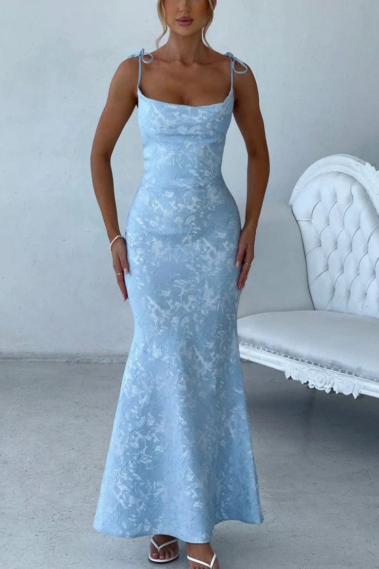 Jacquard Fabric Elegant Suspender Tie Slim Fishtail Maxi Dress