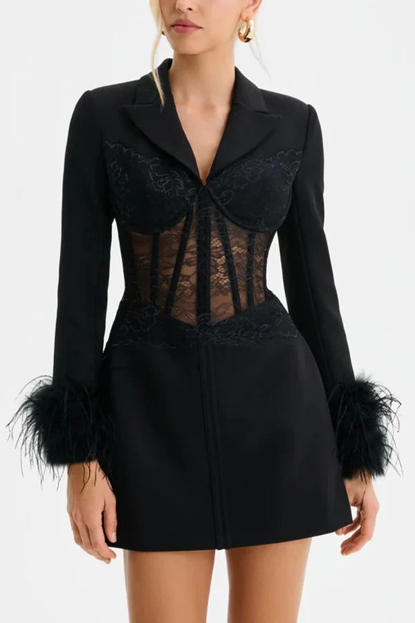 GIA Lace Corset Waist Feather Sleeve Structured Lapel Blazer Mini Dress