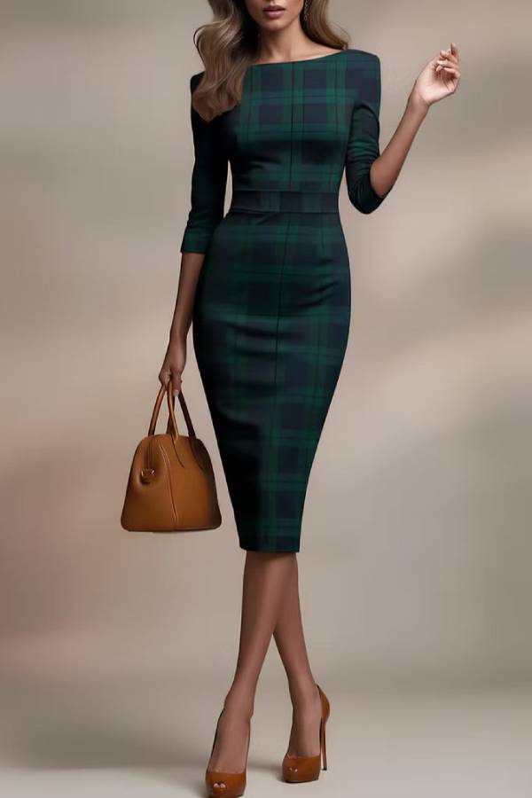 Classic checked midi dress with three-quarter sleeves