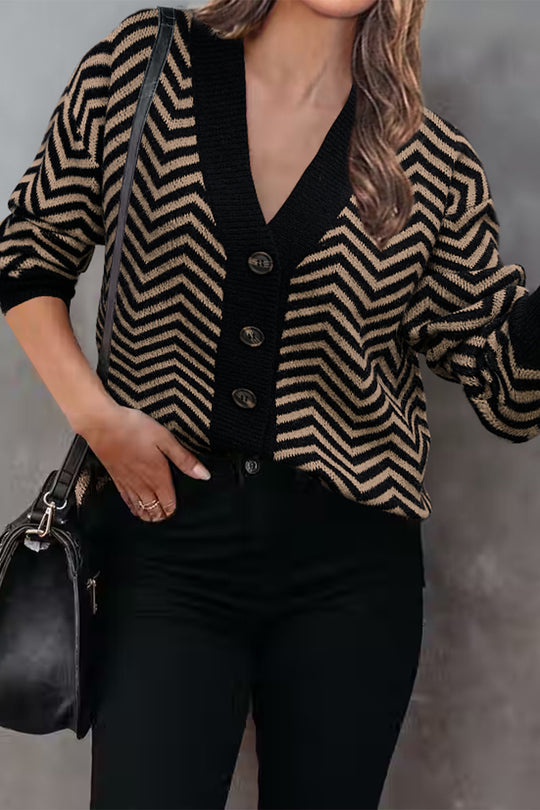 Long Sleeve V Neck Open Front Striped Knit Cardigan Sweaters