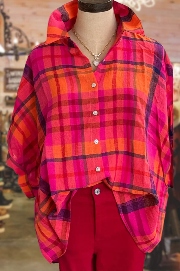 Colorful Plaid Bubble Sleeve Oversized Top