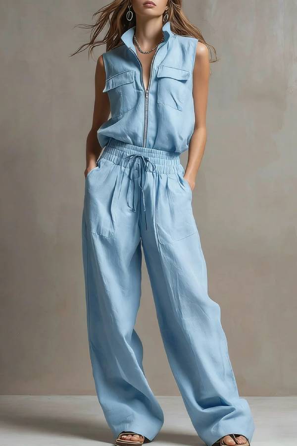 Stand Collar Half-Zip Utility Vest & Wide-Leg Pants Set