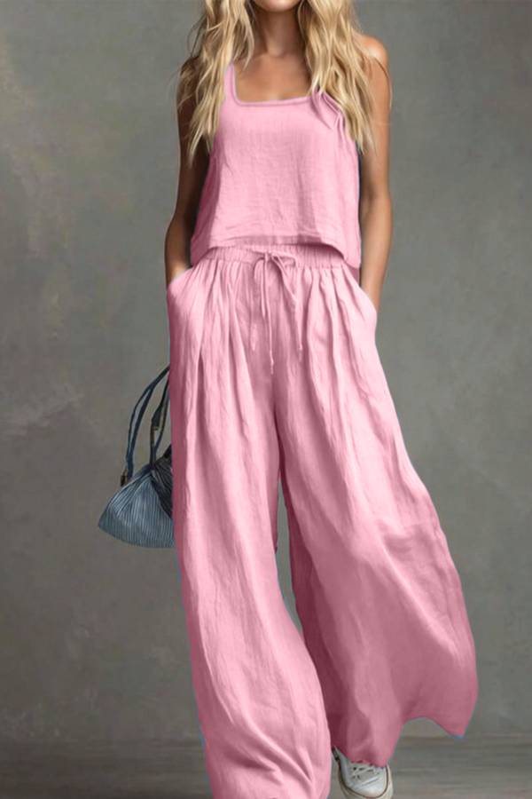 Linen-Style Square-Neck Cami and Wide-Leg Pants Set