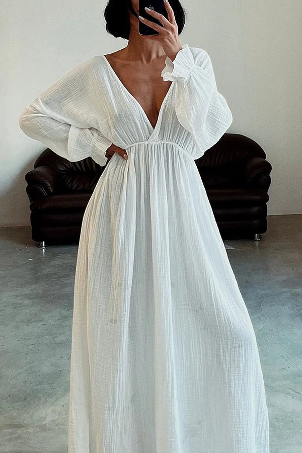 Casual V-neck Slit Cotton and Linen Dress