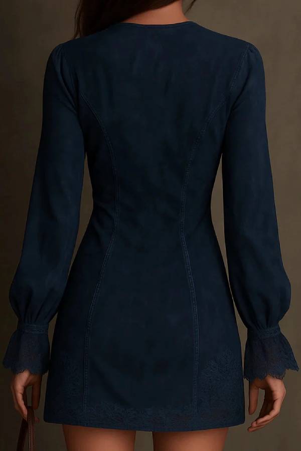 Vintage Blue Suede Lace Trim Mini Dress