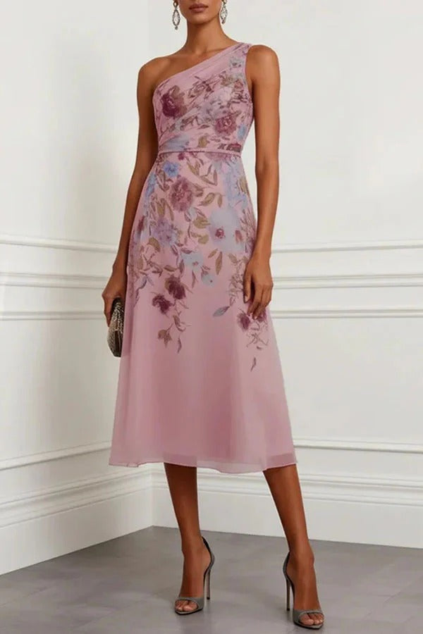 Darla Tulle Floral Ruched One Shoulder Sleeveless A-Line Midi Dress