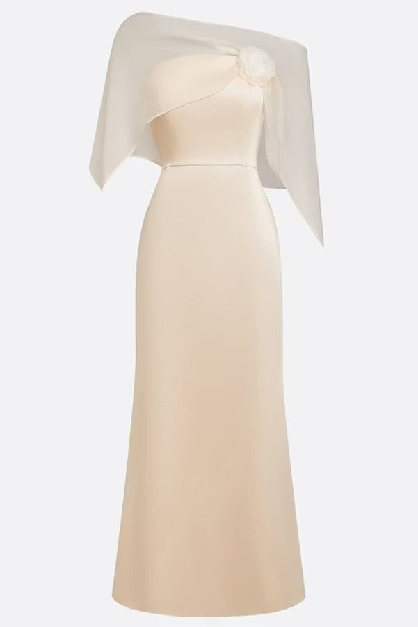 Lucero 3D Floral Satin Boat Neck Short Sleeve Sheath Capelet Gown Maxi Dress