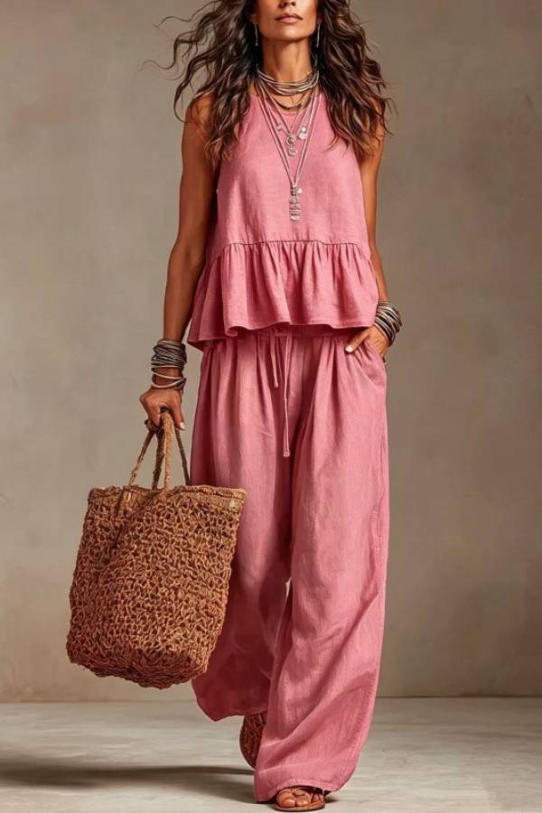 Sleeveless Ruffle Linen Top + Elastic Waist Wide-Leg Pants Set