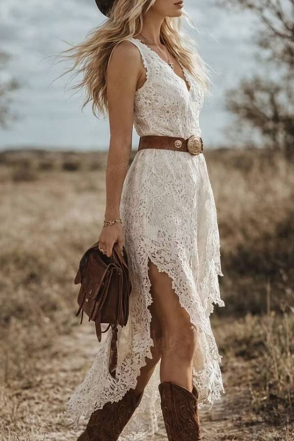 Women's White Lace High Low Maxi Dress