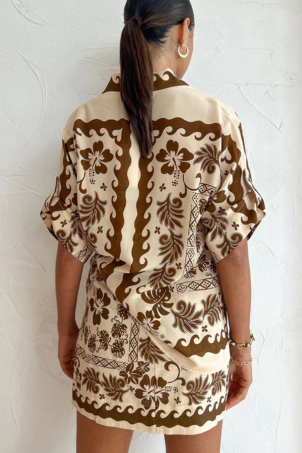 Embrace Hot Nights Linen Blend Ethnic Print Button Shirt and Knotted Waist Mini Skirt Set