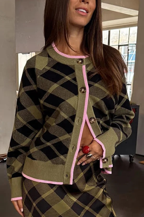 Holiday Plaid Knit Color-blocked Trim Button Long-sleeved Loose Cardigan