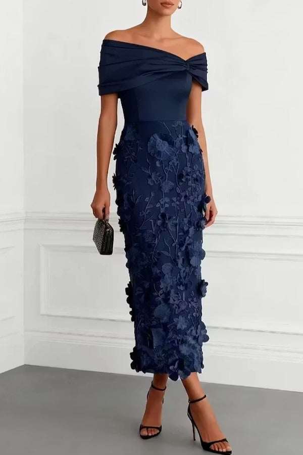 Classic 3D Floral Embroidery Off The Shoulder Short Sleeve Sheath Midi Dress