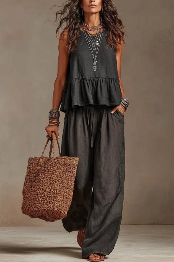 Sleeveless Ruffle Linen Top + Elastic Waist Wide-Leg Pants Set