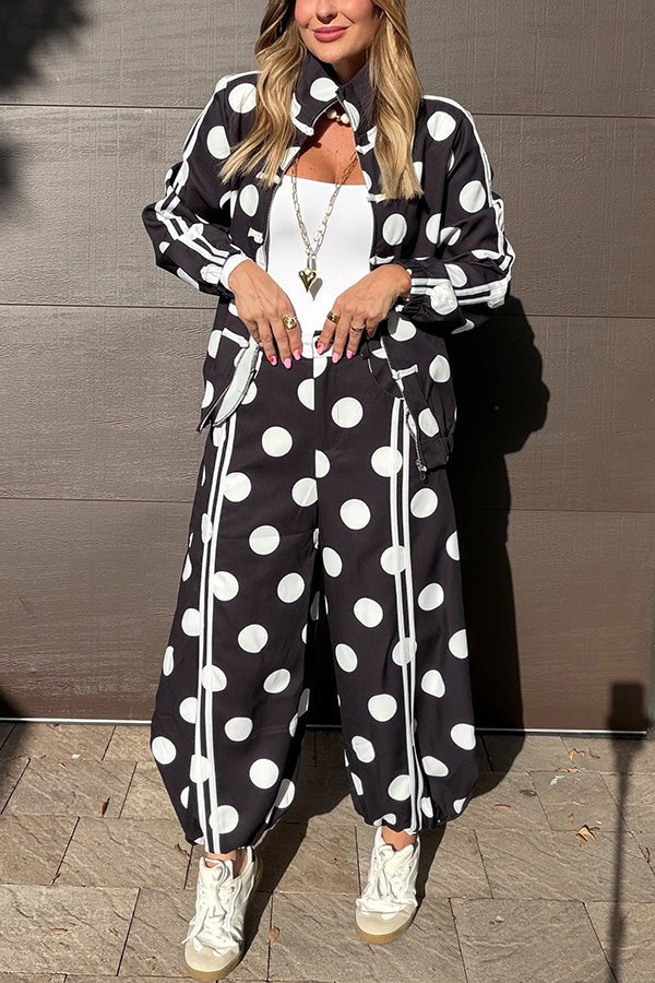 Napoleon Colorblock Polka Dot Elastic Waist Pocket Loose Lantern Pants