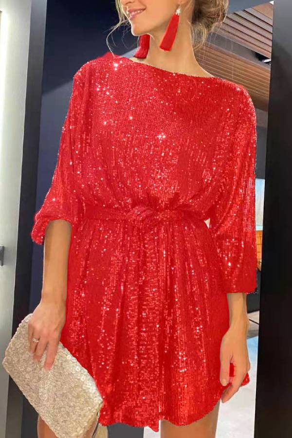 Sequined Tie-Waist Long-Sleeved Party Dress