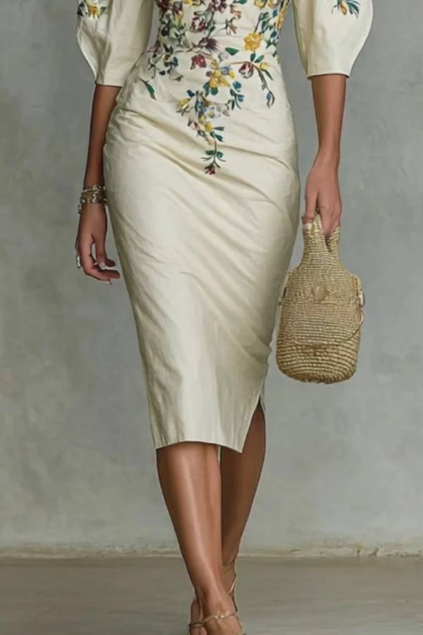 Women's floral print mid-sleeve slit dress