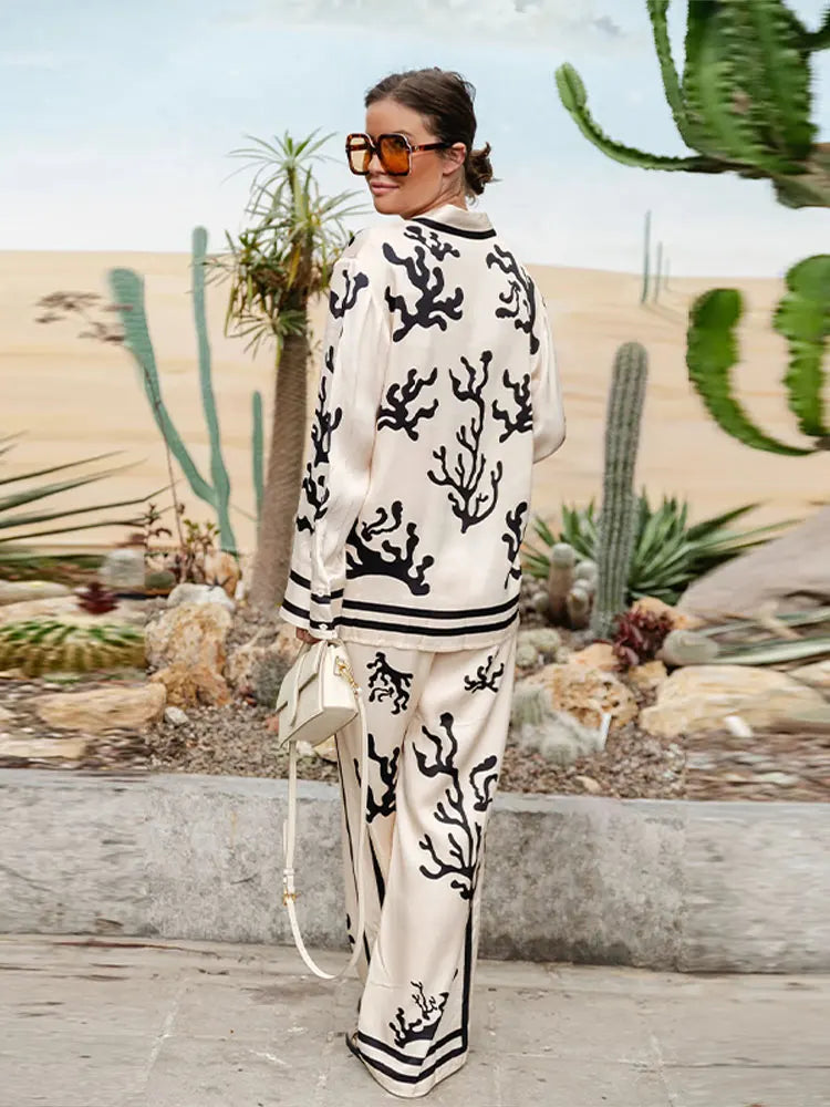 From Desk To Dinner Satin Unique Print Button Down Oversized Blouse