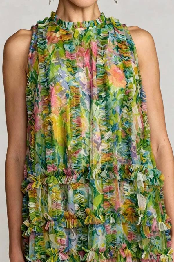 Lorei Mesh Floral Print High Neck Sleeveless Ruffle Trim A-line Mini Dress