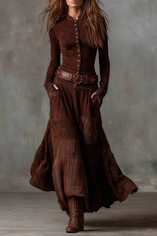 Patchwork Plaid Maxi Skirt