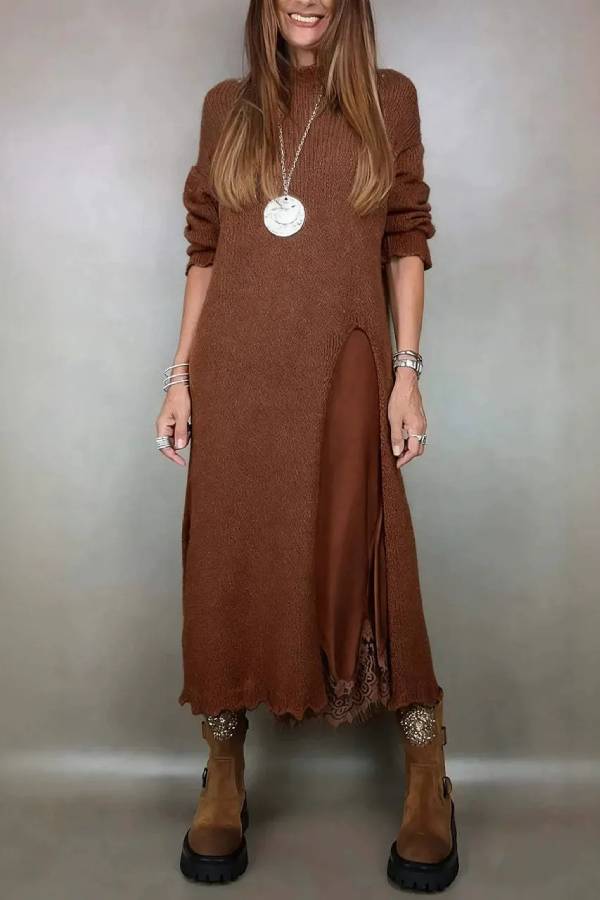 Retro knitted slit two-piece long skirt