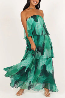 Sweet and Charming Printed Strapless Drop Tiered Ruffle Maxi Dress
