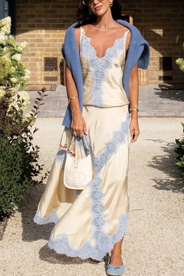 Wine Tasting Contrast Color Satin Lace Trim Irregular Hem Drape Midi Skirt