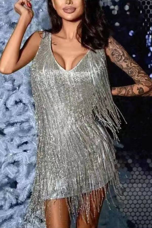 Deep V-neck tassel sequined party mini dress