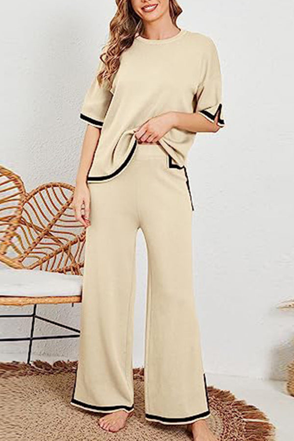 Lounge or Casual Wear Knit Patchwork Color Block Short Sleeve Top and Elastic Wide Leg Pants