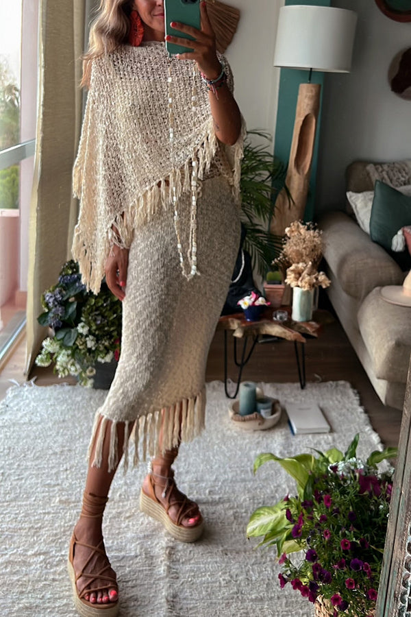 Sunset Breeze Hollow Out Tassel Knit Cover-up Top