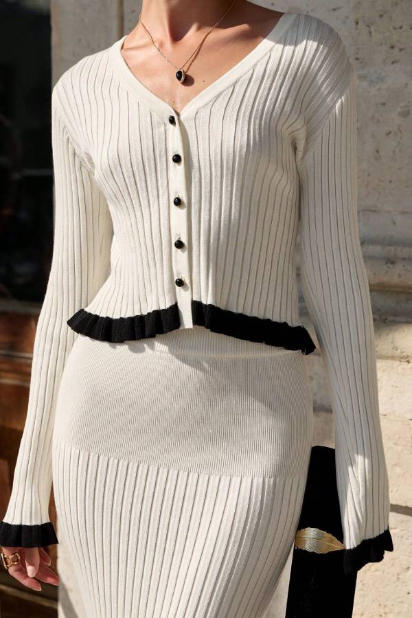 Ribbed knit V-neck cardigan + ruffled fitted maxi skirt set