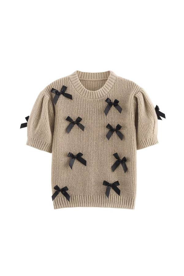 Round neck puff sleeve bow-decorated knitted sweater