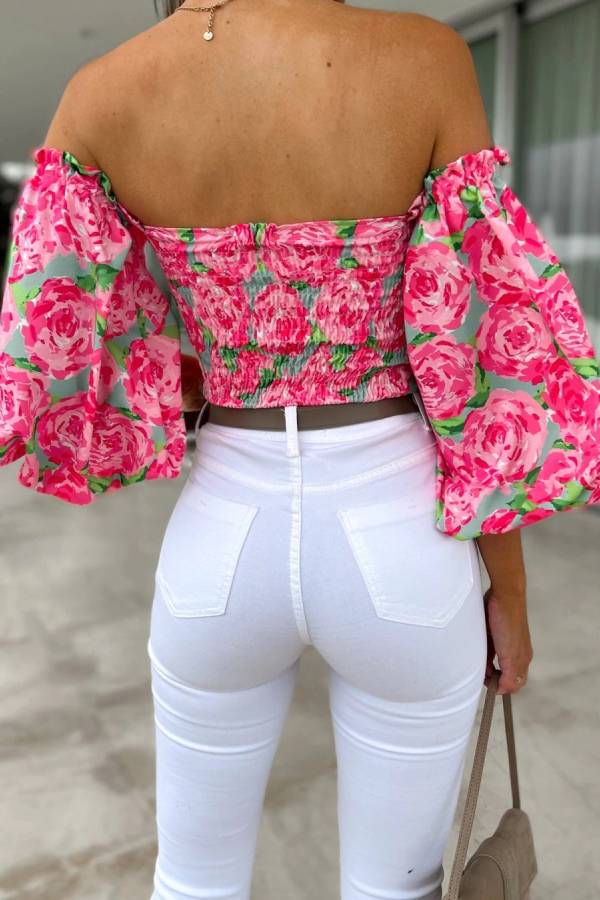 Off-shoulder puff sleeve printed waist-cinching top