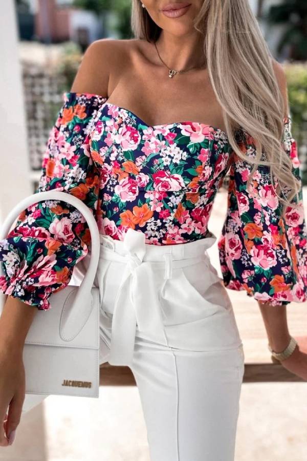 Off-shoulder puff sleeve printed waist-cinching top