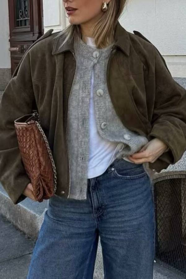 Lapel faux suede loose-fitting workwear jacket