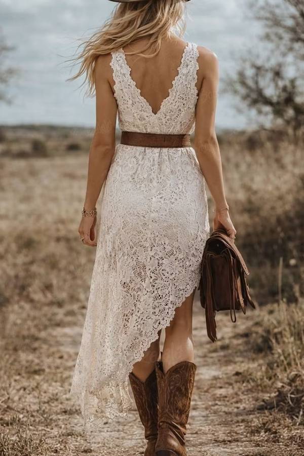 Women's White Lace High Low Maxi Dress